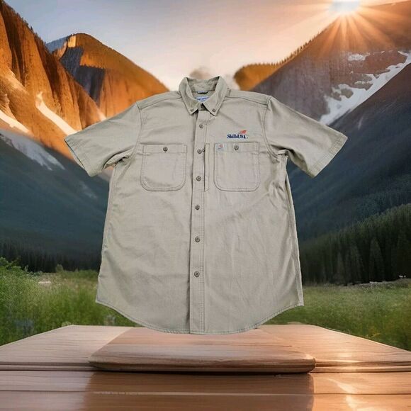 Men's Medium Carhartt Relaxed Fit 102537 Work Short Sleeve Shirt Button Up Tan - Picture 1 of 10